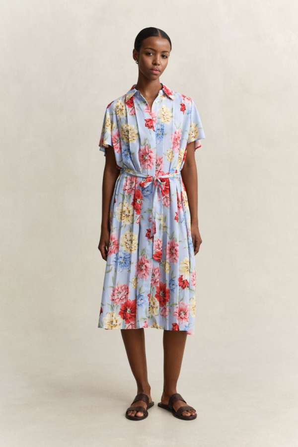 RUHA GANT FLORAL PRINT PLEATED SHIRT DRESS LIGHT BLUE