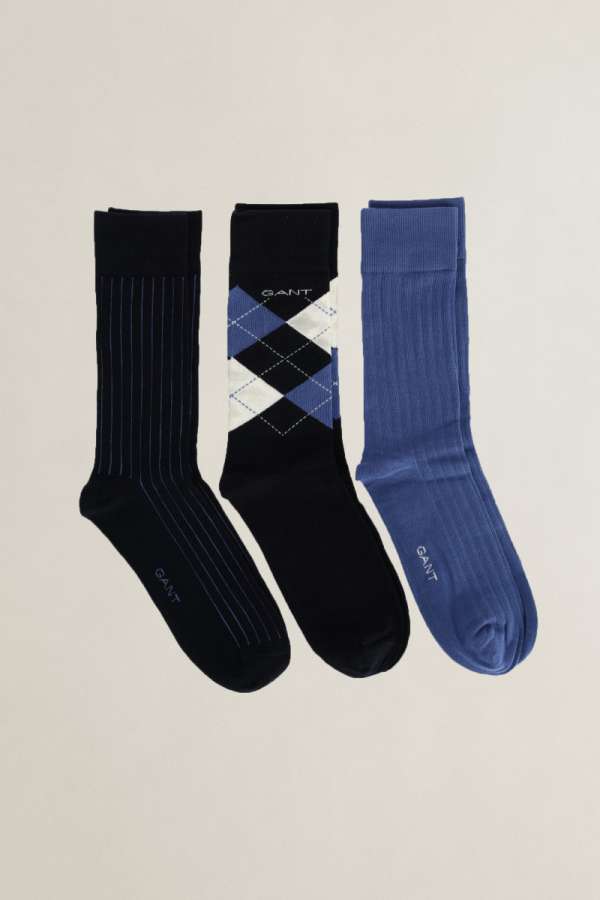 ZOKNI GANT ARGYLE STRIPE AND RIB SOCKS 3-PACK MARINE