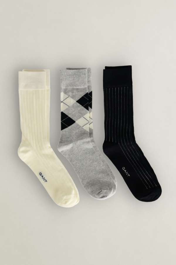 ZOKNI GANT ARGYLE STRIPE AND RIB SOCKS 3-PACK LIGHT GREY MELANGE