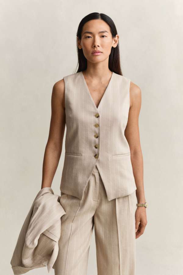 MELLÉNY GANT PINSTRIPE LINEN BLEND VEST OAT BEIGE