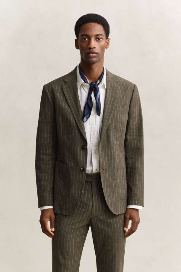ZAKÓ GANT COT/LINEN PINSTRIPE SUIT JACKET RICH BROWN