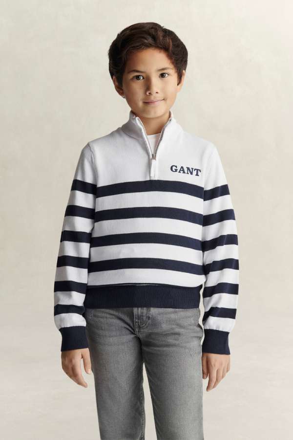PULÓVER GANT KNITTED BRETON STRIPE ZIP FUNNEL WHITE