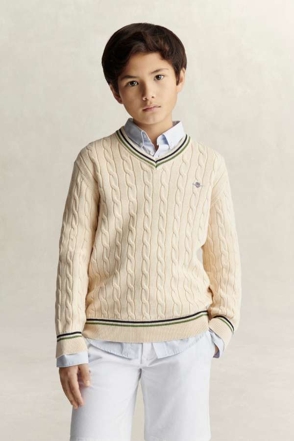 PULÓVER GANT CABLE V NECK CRICKET SWEATER CREAMED WHITE