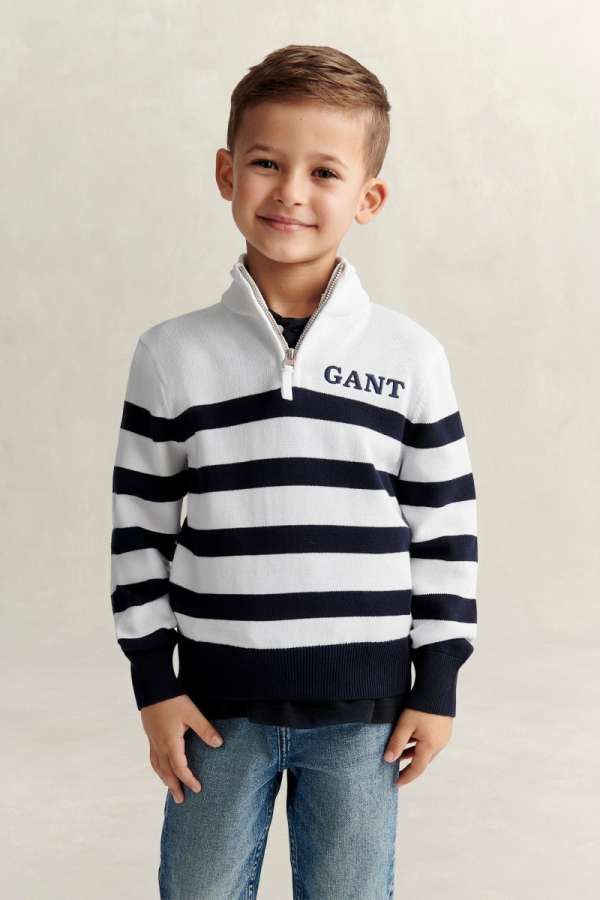 PULÓVER GANT KNITTED BRETON STRIPE ZIP FUNNEL WHITE
