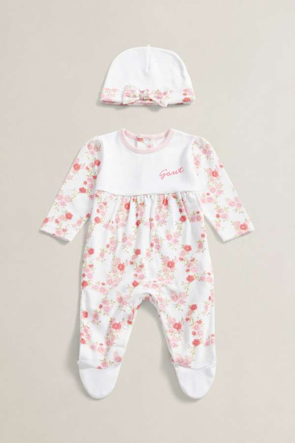 PIZSAMA GANT FLORAL SLEEPSUIT AND HAT SET WHITE
