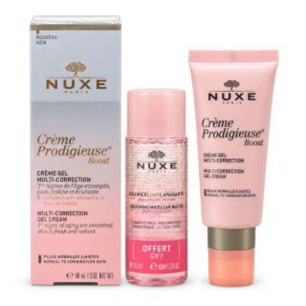 Nuxe Creme Prodigieuse Boost arcápoló szett Multi Correction Gel Cream + Very Rose 3-in-1 Soothing Micellar Water 40 ml + 40 ml