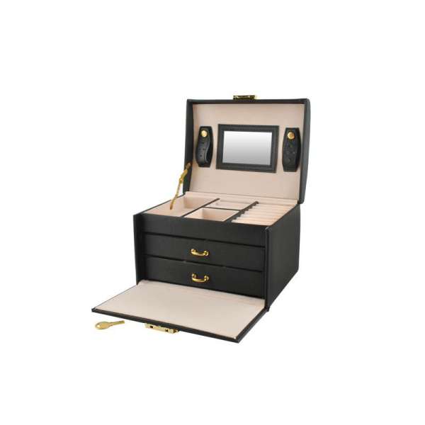 Elegáns megjelenésű ékszertároló doboz, 20 rekeszes, 3 szintes, zárható, fekete színben