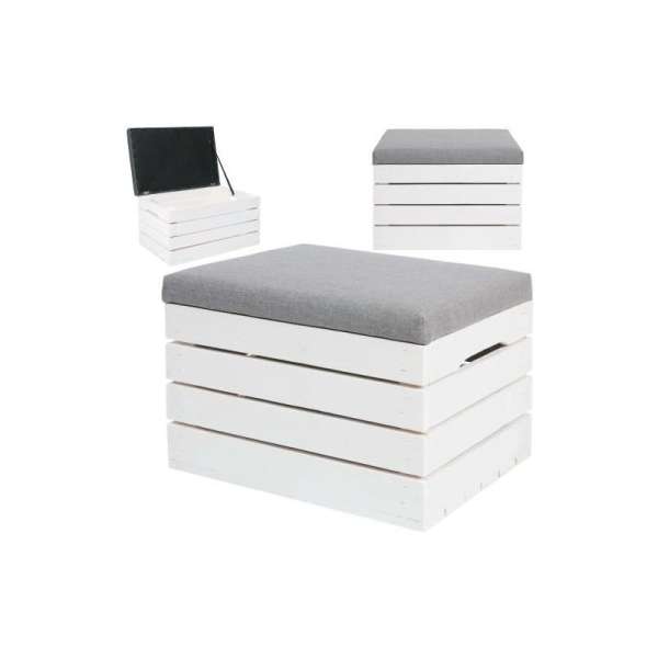Fa ülőke és tárolóláda, előszobai puff, felnyitható ülőrésszel, fehér-szürke színben