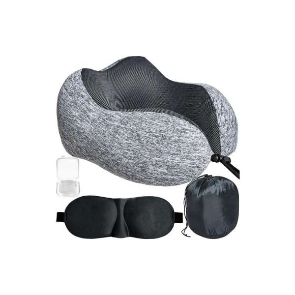 3D utazópárna, nyakpárna, szemellenzővel, füldugóval, utazókészlet, praktikus tárolózsákban, szürke színben