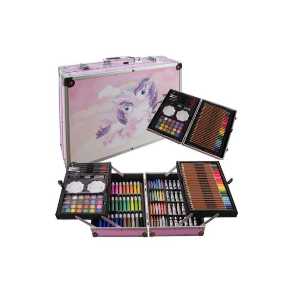 145 részes rajz és festőkészlet gyerekeknek, 4 rekeszes, unikornis mintás fém bőröndben