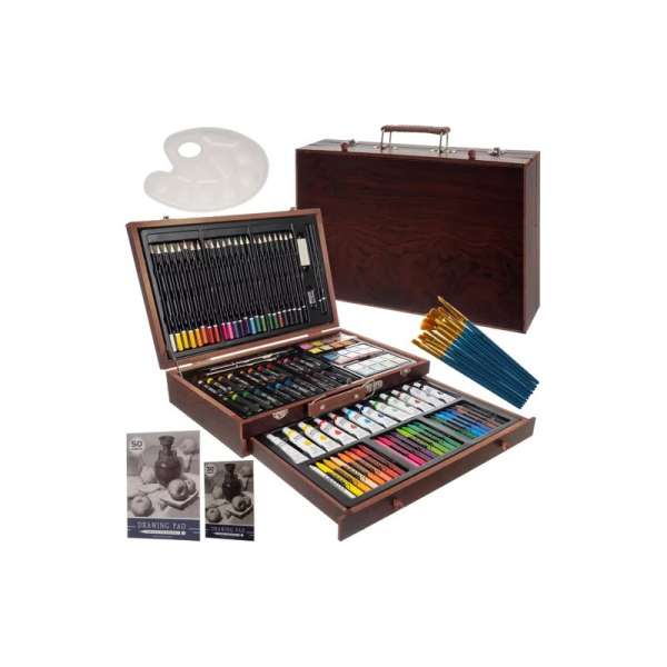 130 részes művész rajz és festőkészlet praktikus fiókos fa bőröndben