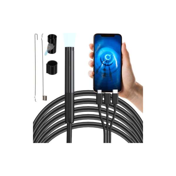 Endoszkóp kamera beépített LED világítással, USB-C, microUSB és Lightning csatlakozással, előtétekkel, 2 méter