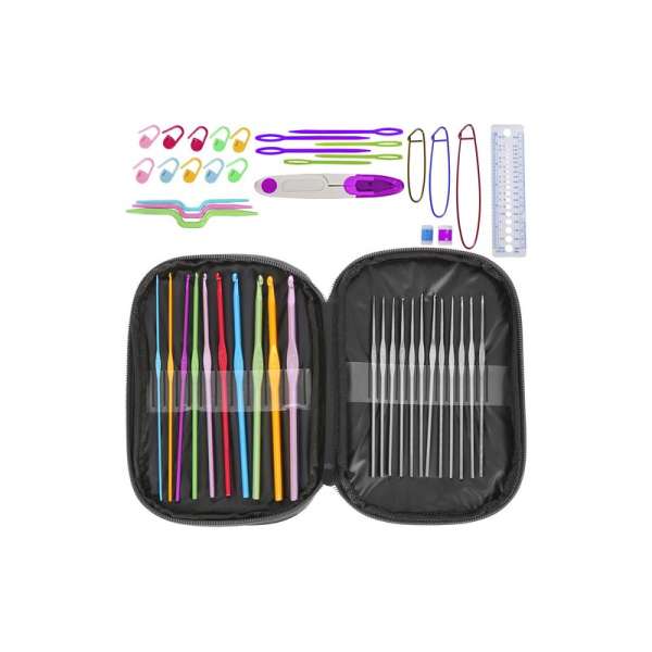 50 darabos horgoló készlet praktikus tokban, vonalzóval, ollóval, biztosítótűkkel, további hasznos kiegészítőkkel