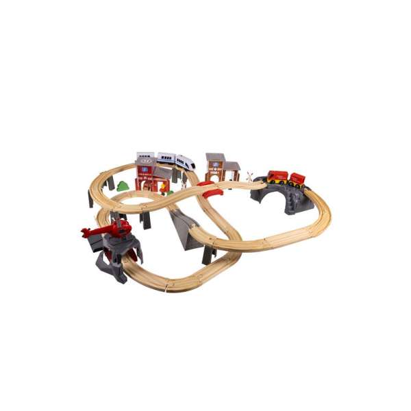 Fából készült vasútpálya szett gyerekeknek, elektromos vonattal, kiegészítőkkel, 4,8 m-es pályával, 70 db-os készlet