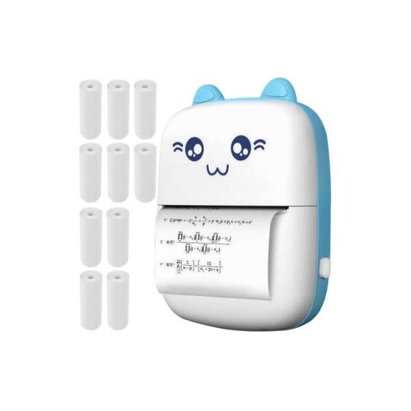 Mini hőpapíros nyomtató, Bluetooth kapcsolattal, USB csatlakozással, 10+1 tekercs papírral, cicamintás, kék-fehér színben