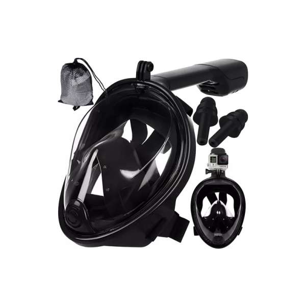 Snorkel búvármaszk, teljes arcos, sportkamera csatlakozóval S-M méretű, fekete