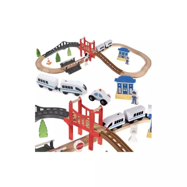 Fából készült vasútpálya szett gyerekeknek, elektromos vonattal, kiegészítőkkel, 3,2 m-es pályával, 37 db-os készlet