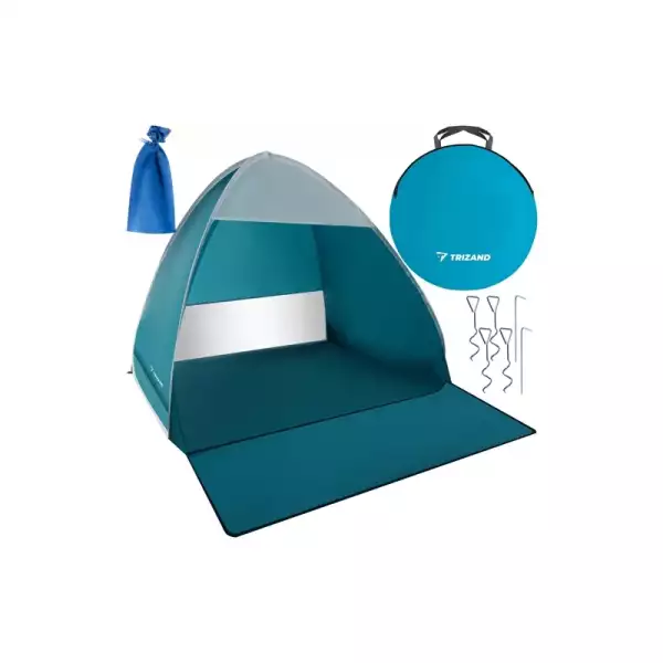 Strandsátor, pop up, összecsukható árnyékoló, napellenző UV védelemmel, hosszított alsó résszel, 200x120x110 cm, világoskék