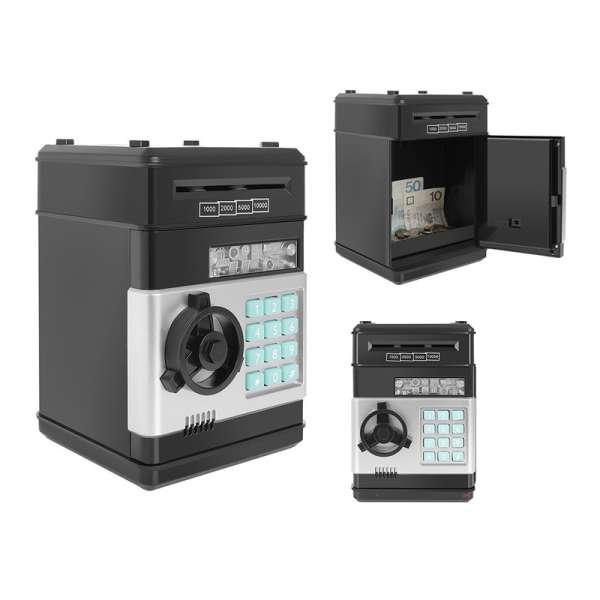 Elektromos, PIN-kódos széf alakú persely gyerekeknek, papír és aprópénz gyűjtésére, elemes működéssel