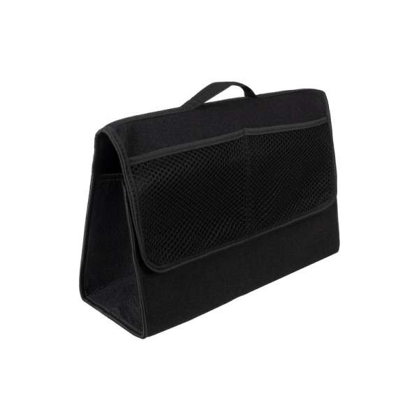 Csomagtartó rendszerező autóba, tárolótáska hálós zsebekkel, tépőzáras rögzítéssel, 22 literes, fekete