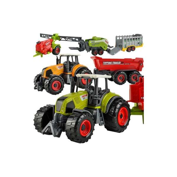 6 részes mezőgazdasági jármű játékkészlet, traktor, bálázó, permetező, billencs