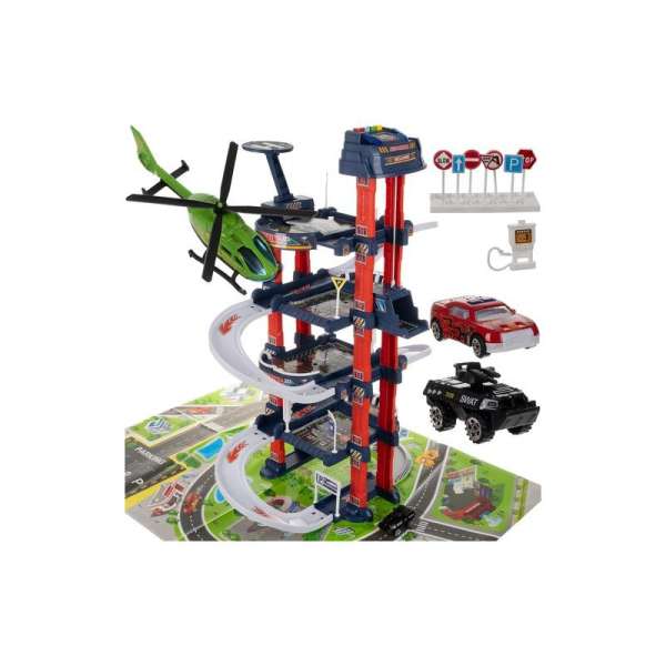 Interaktív 4 szintes parkolóház készlet járművekkel, táblákkal, fény és hangeffektekkel