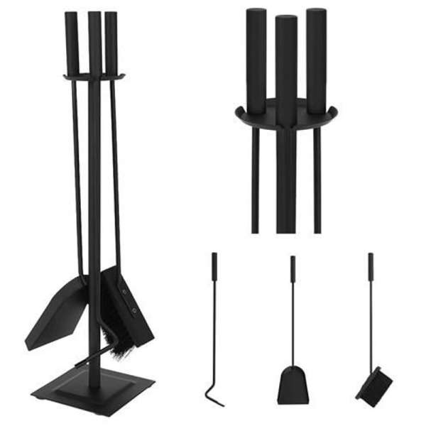 Modern kialakítású 4 részes kandalló kiegészítő készlet, acél tartóállvánnyal, fekete