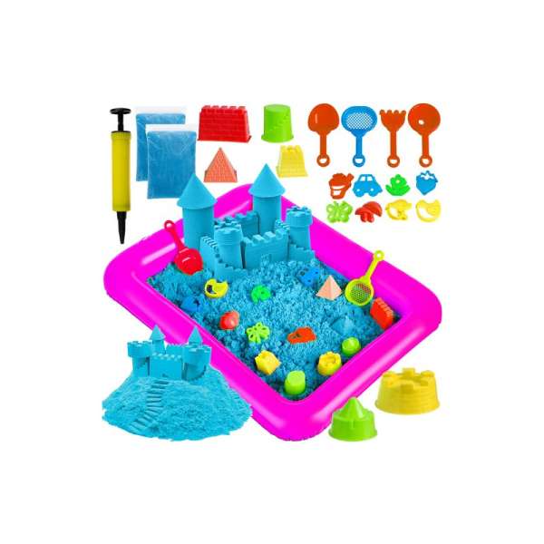 Kreatív, kinetikus gyurmahomok készlet, felfújható homokozómedencével 2 kg varázsgyurmával és formákkal
