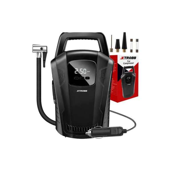 Hordozható, szivargyújtós kompresszor LED segédfénnyel, LCD kijelzővel, 12V, 120W