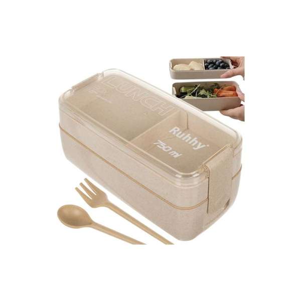 3 rekeszes ételhordó doboz, ételtároló evőeszközökkel, ÖKO anyagból, 750 ml kapacitással