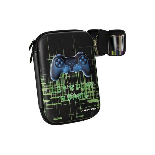 Egy rekeszes, cipzáras tolltartó belső elválasztóval, hálós zsebekkel, 3D játékkonzol mintával