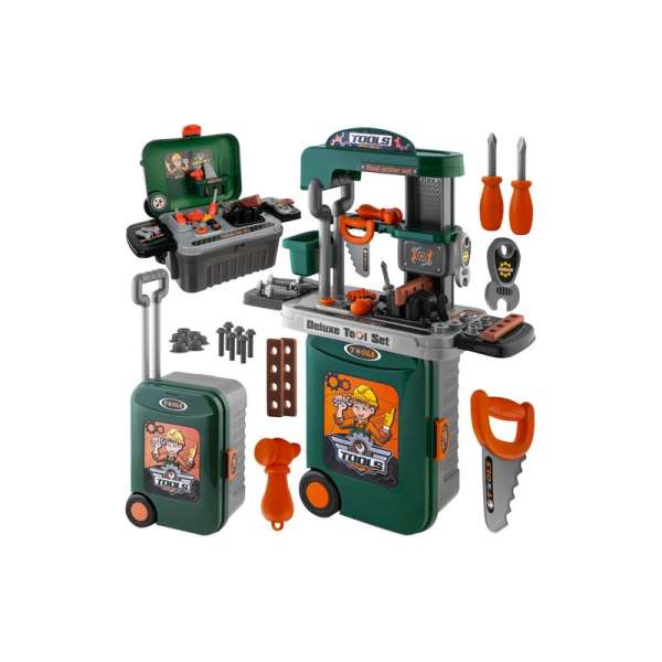Komplett játékműhely készlet gurulós kofferrel, szerszámokkal,  3-7 éves korig