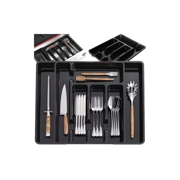 Állítható szélességű műanyag fiókbetét, fiókrendszerező, 28 - 45 cm, 7 rekeszes, fekete