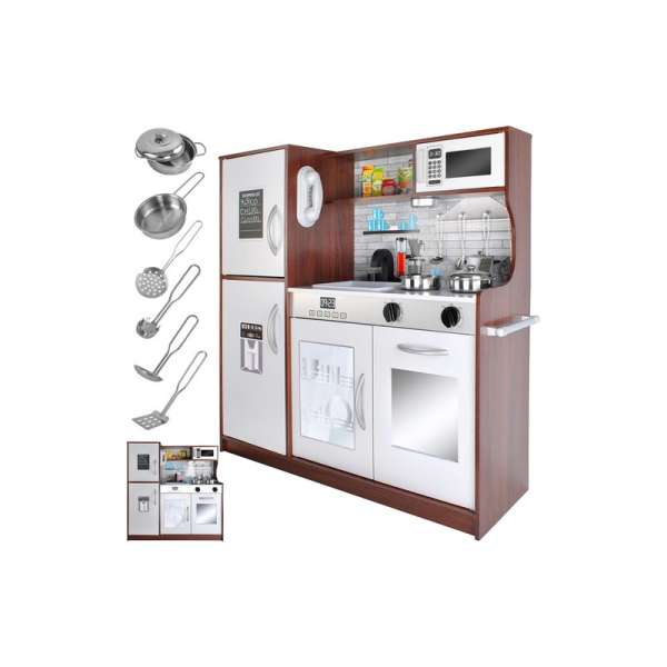 Fából készült játékkonyha, hang- és fényeffektekkel, izgalmas kiegészítőkkel, 80x80x24cm méretben, barna-fehér