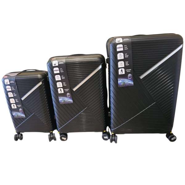 3 db-os keményfalú ABS bőrönd szett, 4 db dupla gumikerékkel, biztonsági zárral - fekete