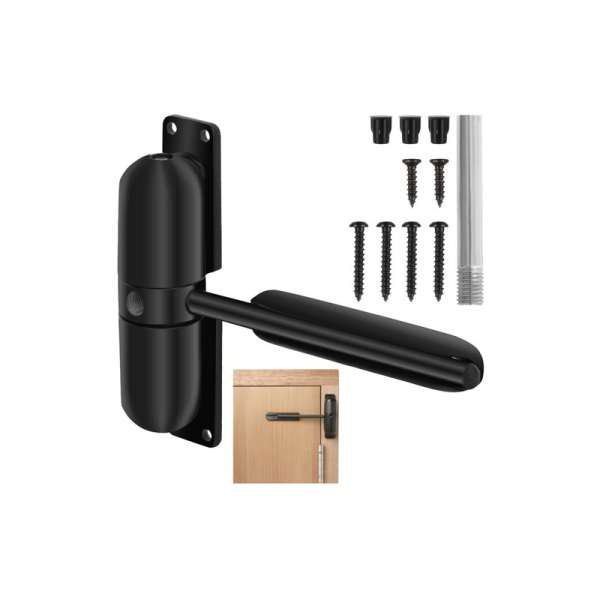 Ajtózáró, lassító funkcióval, behúzó karral, zárral és reteszeléssel, 60 kg-ig, fekete