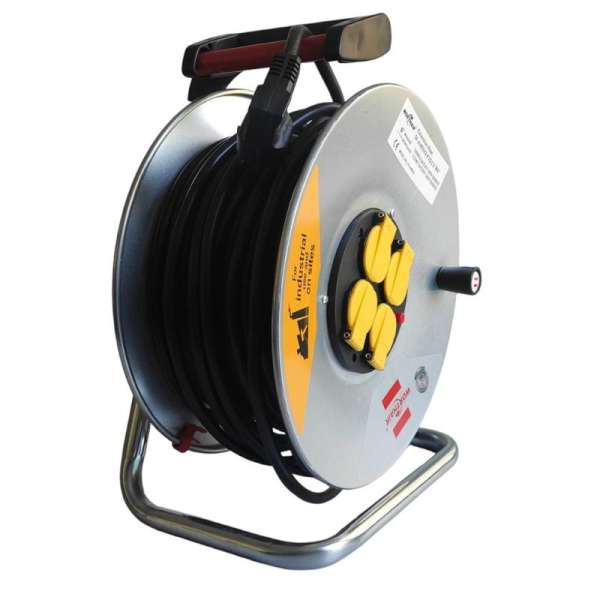 25 méteres kábeldob, hosszabbító, 4 fedeles aljzattal, fém dobbal