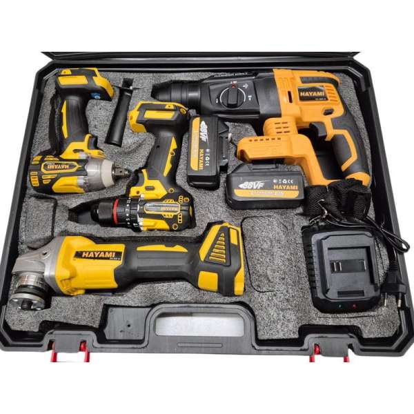 4 az 1-ben szerszámkészlet: fúrókalapács, akkus ütvecsavarozó, sarokcsiszoló, csavarbehajtó, 2 akksi, gyorstöltő és tartozékok, masszív hordkofferben