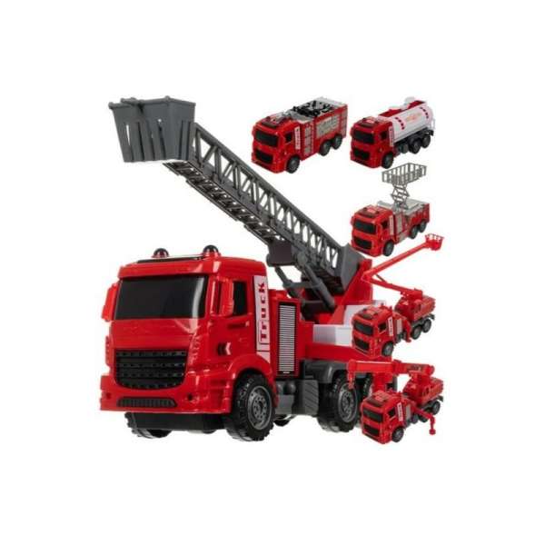 Tűzoltóautó készlet 6 különböző mentőjárművel mozgó elemekkel kreatív játék óvodás kortól vízágyúval, emelhető kosarakkal 