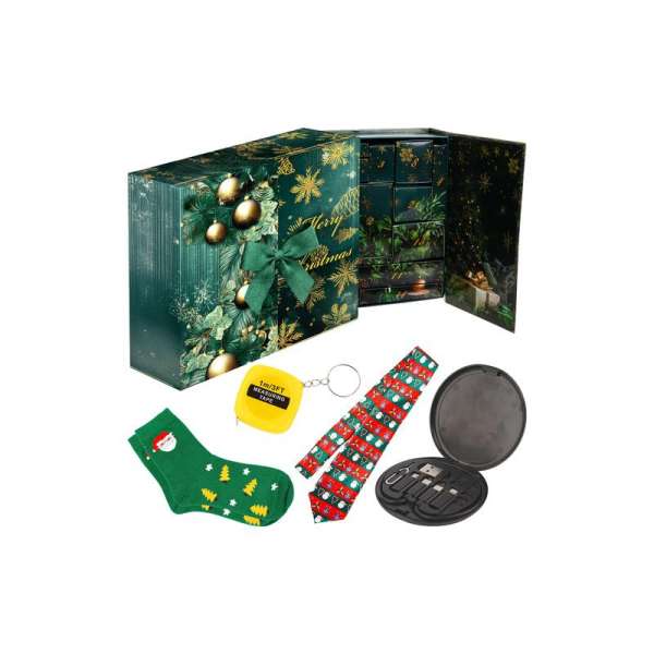 Adventi naptár férfiaknak, 24 ajándékkal, elegáns zöld-arany díszdobozban