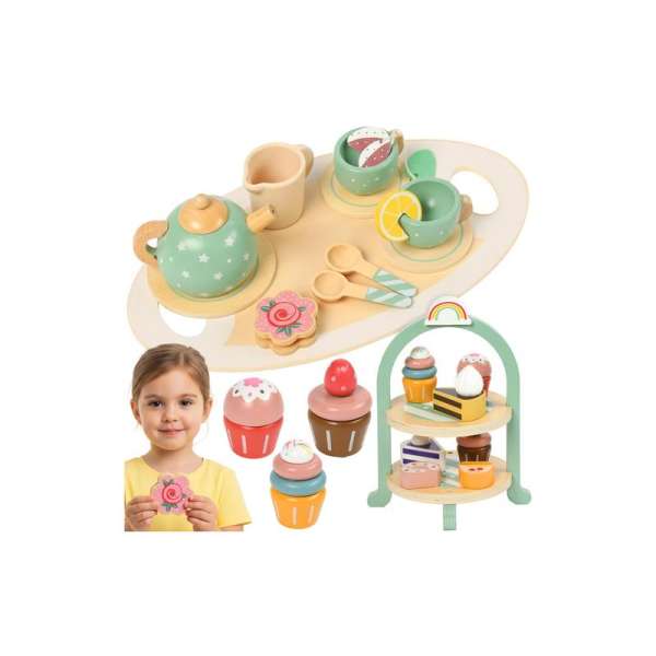 Fából készült játék teás készlet és süteménysziget 15 db kiegészítővel, süteményekkel, tortatartóval