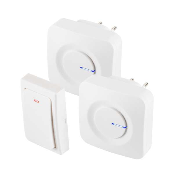 HOME DBKS1001AC vezeték és elem nélküli csengő készlet, 1x nyomógomb + 2x csengő, 100m hatótáv, 36 dallam, szabályozható hangerő, IP44, fényjelzés, kinetikus nyomógomb