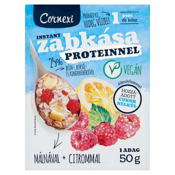 Cornexi vörösáfonyás-meggyes protein zabkása édesítőszerrel, vegán 50 g