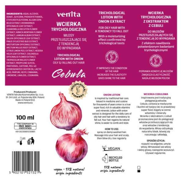 Venita trichológiás hajgyógyászati hajkondicionáló hajszesz-elixír hagyma kivonattal zsírosodásra és hajhullásra 100 ml