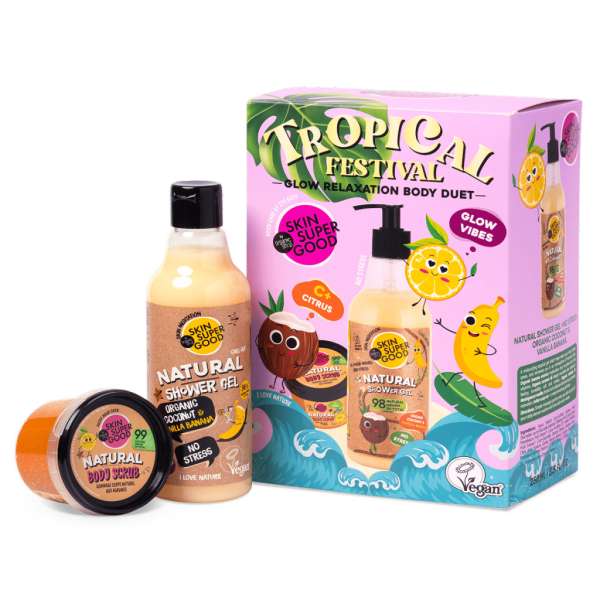 Skin Super Good Trópusi fesztivál ragyogásfokozó testápoló duó( No stress tusfürdő 250ml + Természetes testradír citrusokkal és C-vitaminnal 100ml)