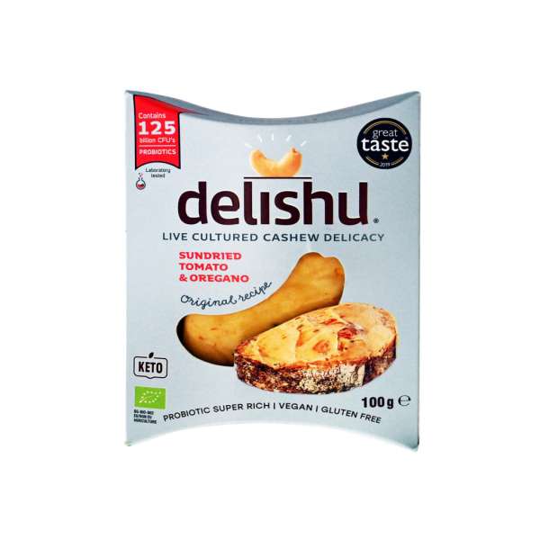 Delishu vegán, kesudióból készült friss sajt jellegű készítmény szárított paradicsom és oreganó 100 g