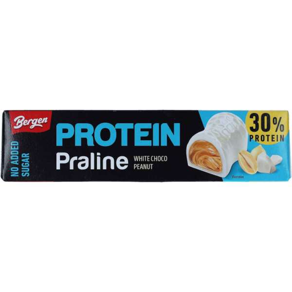 Bergen proteines, fehércsokoládés praliné földimogyoróval töltve hozzáadott cukor nélkül, édesítőszerrel 50 g