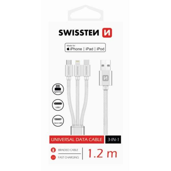 Adatkábel Swissten textil 3 in 1, 1,2 m, Lightning, 2 x USB-C, fekete