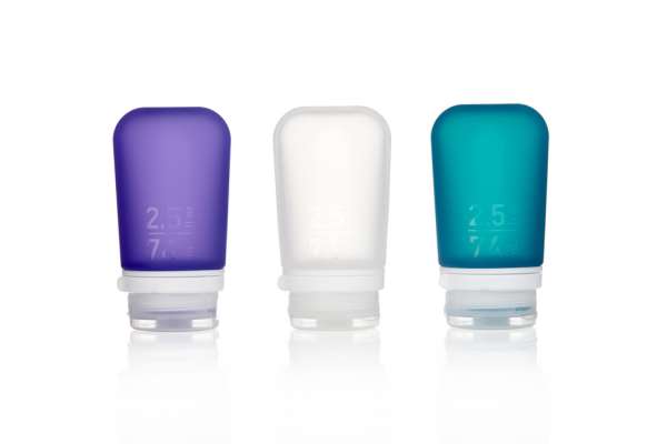 humangear GoToob+ szilikon utazó palack/patront 3 darabos kiszerelés 74 ml átlátszó/lila/türkizkék