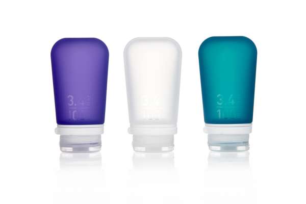 humangear GoToob+ szilikon utazó palack/patront 3 db 100 ml-es csomagolásban átlátszó/lila/türkiz színű